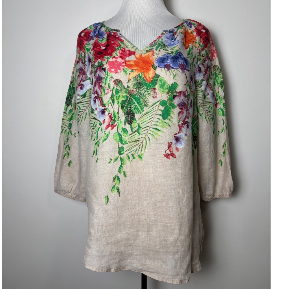 Chico's Womens Linen Split Neck‎ Top Medium Bright Garden Floral 3/4 Sleeve